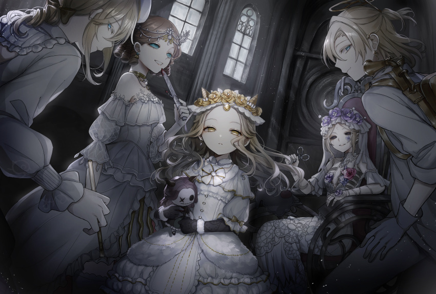 !_(rsa_yuhr), 2boys, 3girls, absurdres, bare_shoulders, black_gloves, black_sclera, blonde_hair, blood, blood_on_knife, blue_eyes, bow, bracelet, brown_hair, colored_eyelashes, colored_sclera, corset, doll_joints, dress, ear_piercing, earrings, edgar_valden, edgar_valden_(golden_ratio), expressionless, facial_mark, fake_horns, flower, fur_trim, galatea_("succubus")_(identity_v), galatea_(identity_v), gloves, gold_trim, hair_bow, half_updo, hand_on_own_thigh, headdress, highres, holding, holding_knife, holding_scissors, horns, identity_v, jewelry, joints, knife, lace, lace_gloves, light_particles, long_hair, long_sleeves, looking_at_viewer, low_ponytail, luca_balsa, luca_balsa_(paranormal_detective), mary_(bloodbath)_(identity_v), mary_(identity_v), medium_hair, memory_(identity_v), memory_(source_of_evil)_(identity_v), multiple_boys, multiple_girls, necklace, needle, off-shoulder_dress, off_shoulder, paintbrush, parted_lips, piercing, pincushion, pink_flower, ponytail, puffy_short_sleeves, puffy_sleeves, purple_flower, ribs, ringlets, scissors, see-through, see-through_sleeves, sewing_needle, short_sleeves, sitting, smile, stuffed_toy, violet_eyes, wheelchair, white_dress, white_gloves, window, yellow_eyes
