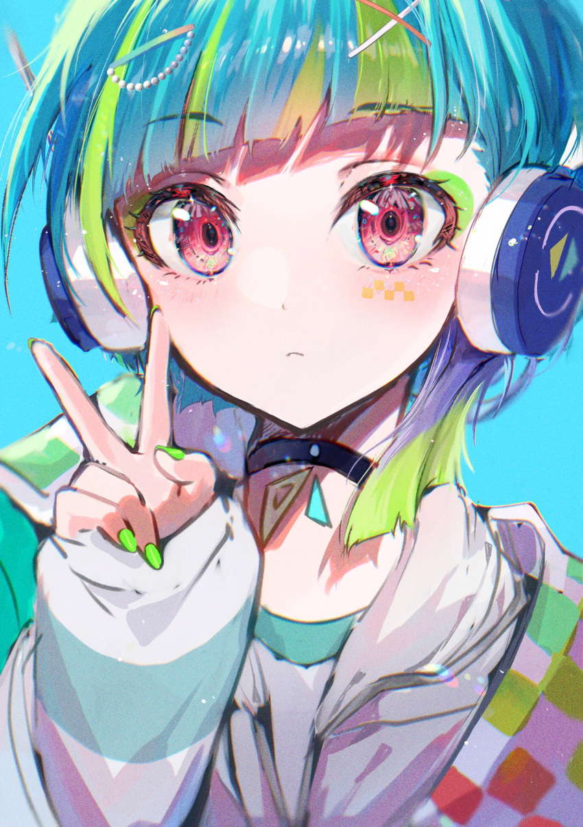 1girl, blue_background, blue_hair, blush, choker, closed_mouth, eita_789, green_hair