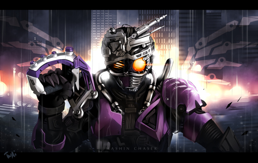 1boy, armor, artist_name, cable, character_name, city, commentary, compound_eyes