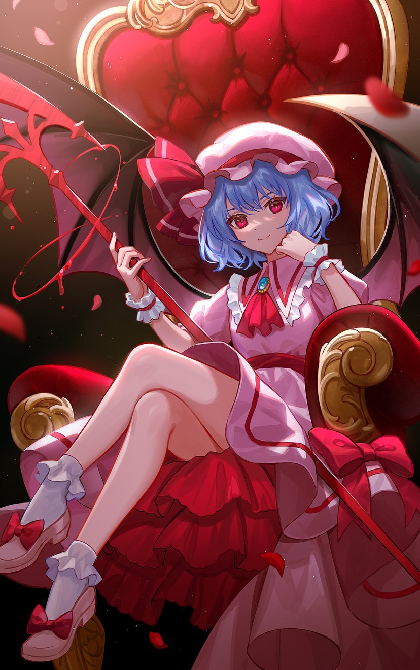 1girl, ascot, bat_wings, blue_hair, bow, brooch, crossed_legs, dress