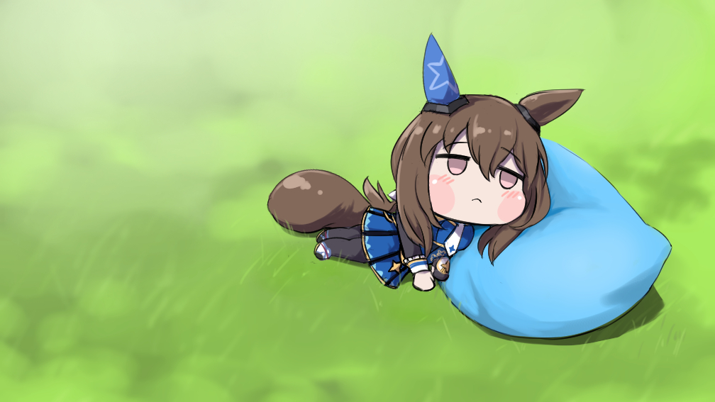 1girl, admire_vega_(umamusume), animal_ears, bangs, bean_bag_chair, blush_stickers, brown_eyes, brown_hair