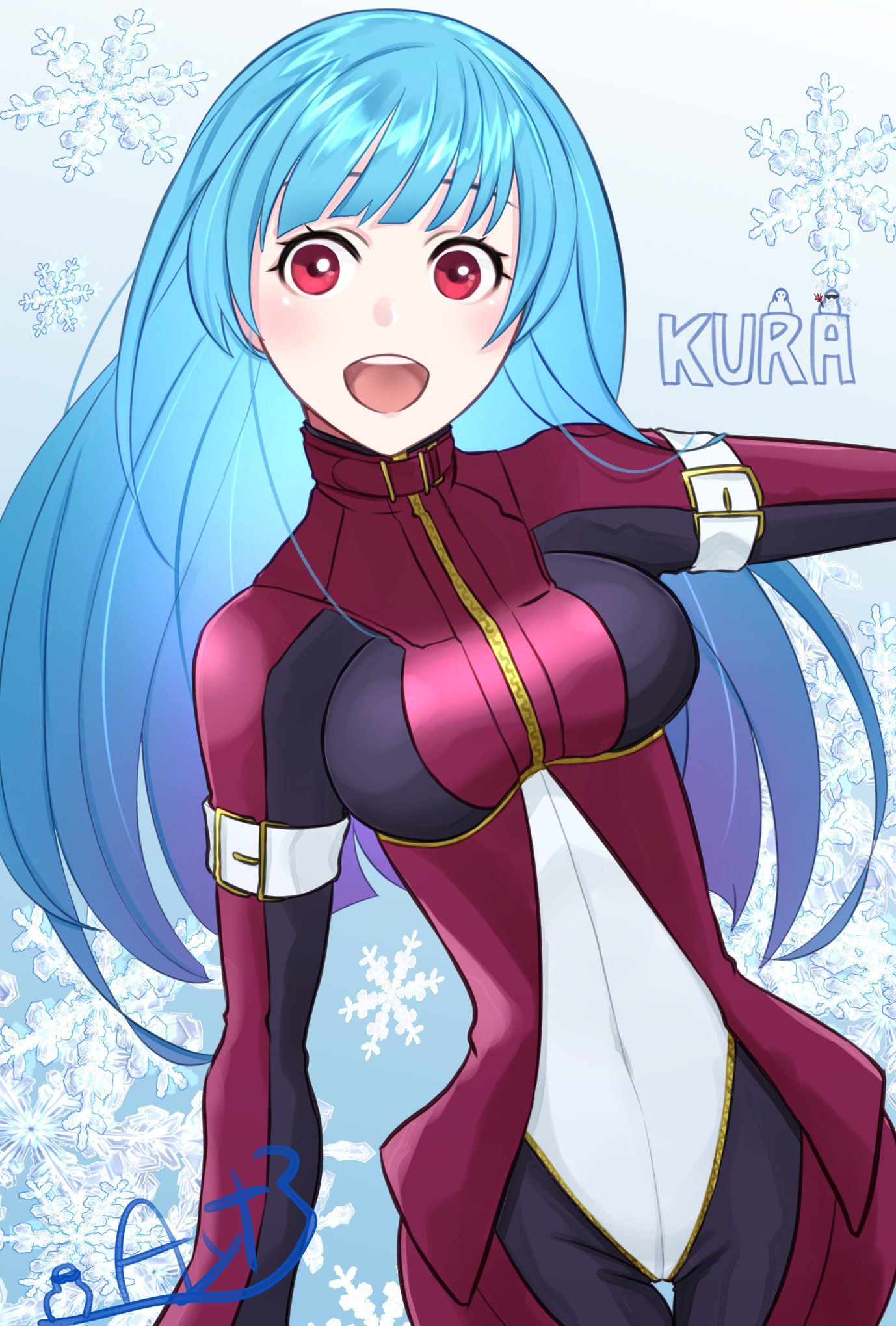 1girl, ayato_g90210, bangs, belt, blue_hair, bodysuit, breasts, cowboy_shot, highres, kula_diamond, long_hair, looking_at_viewer, medium_breasts, open_mouth, signature, simple_background, smile, snowflakes, the_king_of_fighters, the_king_of_fighters_xv, turtleneck, violet_eyes, zipper