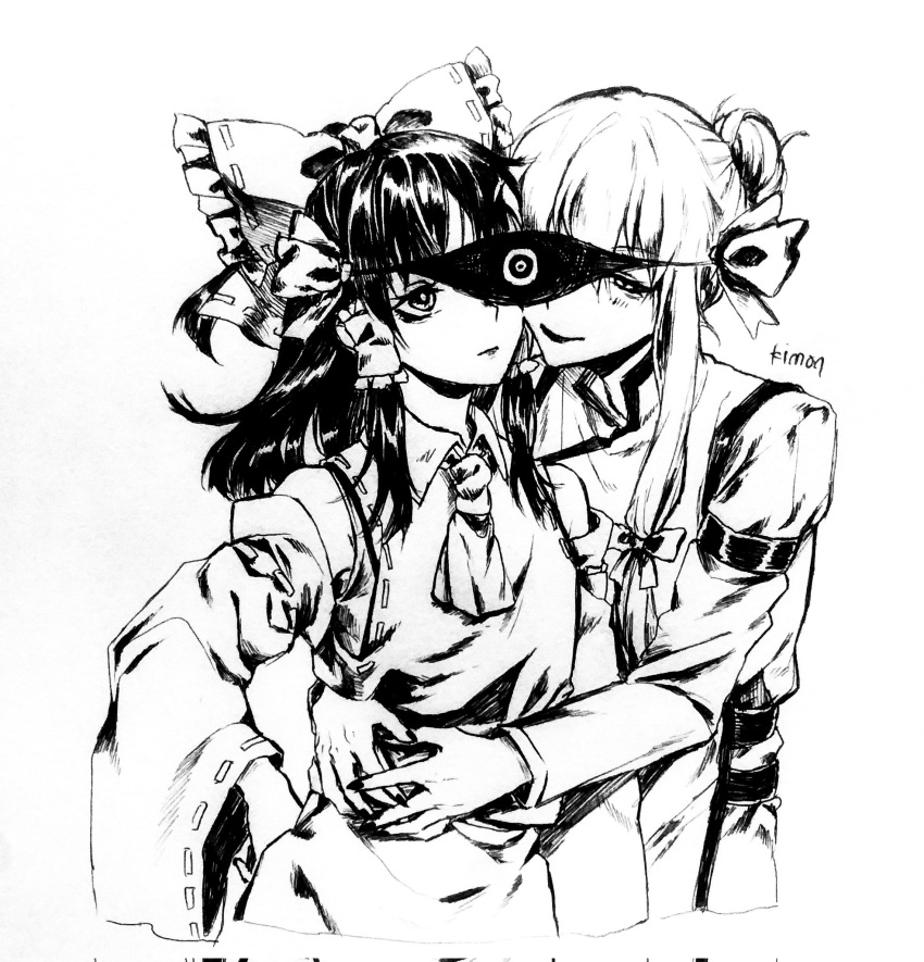 2girls, artist_name, bangs, bow, detached_sleeves, dress, greyscale, hair_bow