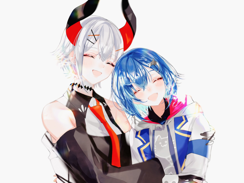 2girls, :d, animal_print, arm_around_back, banbiiiino0303, bangs, bare_shoulders, black_choker
