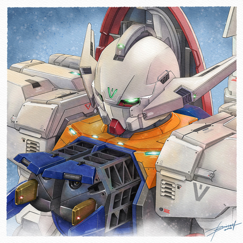 2022, boris_(borisasf), glowing, glowing_eye, green_eyes, gundam, gundam_build_fighters, gundam_build_fighters_honoo_try