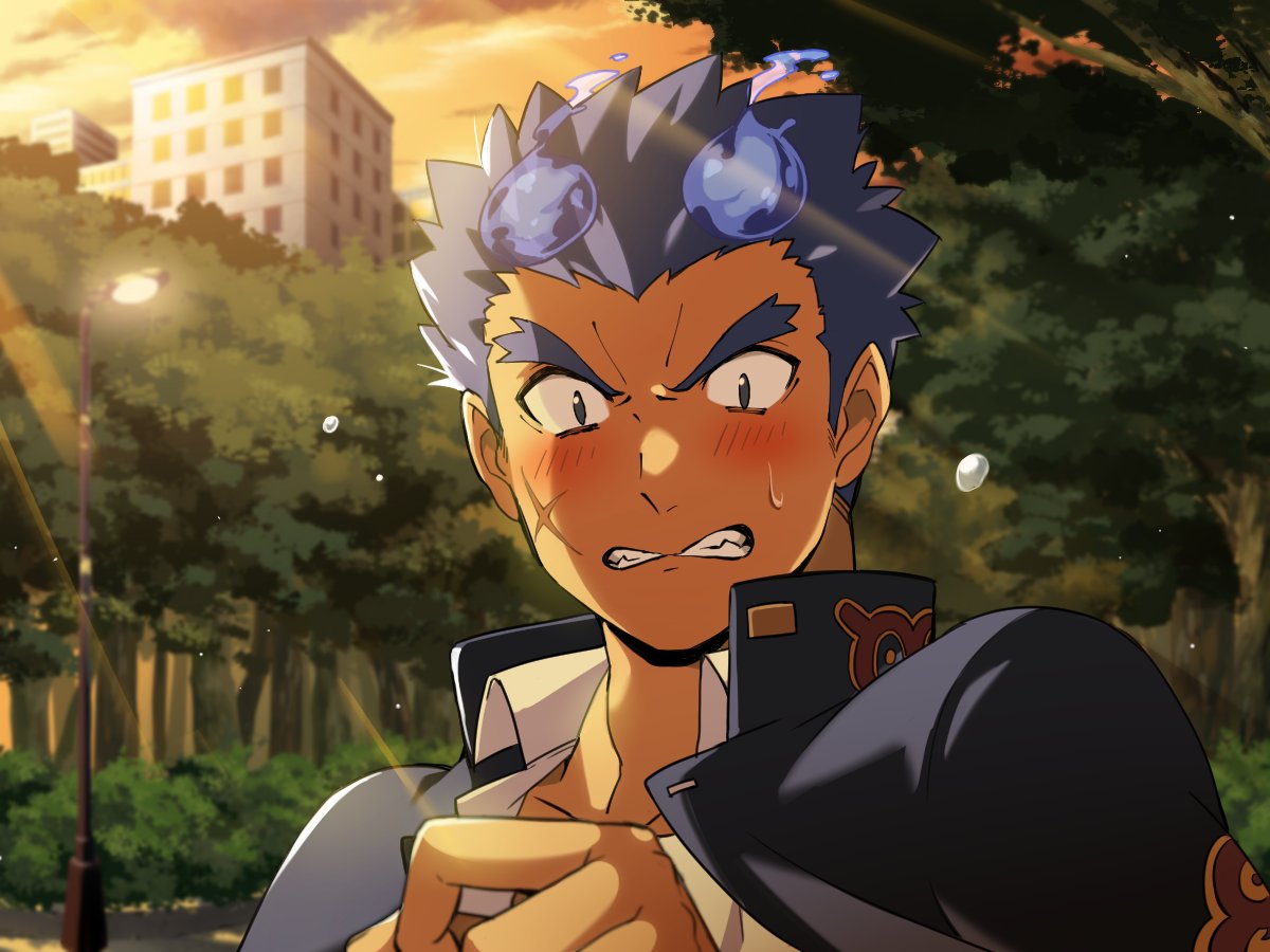 1boy, blue_eyes, blue_fire, blue_hair, blurry, blurry_background, blush, collared_shirt