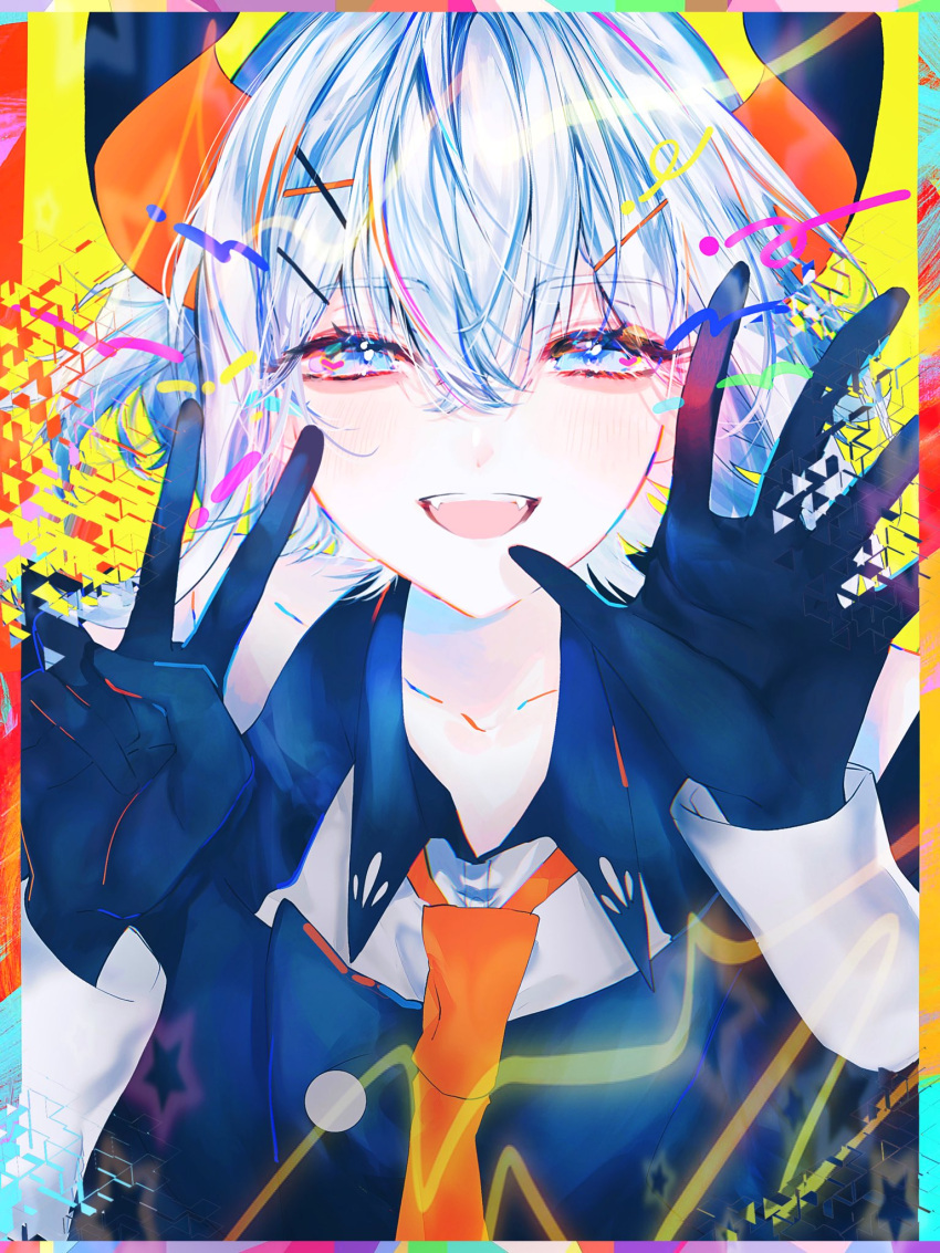 1girl, :d, banbiiiino0303, bangs, black_gloves, black_horns, blush, border