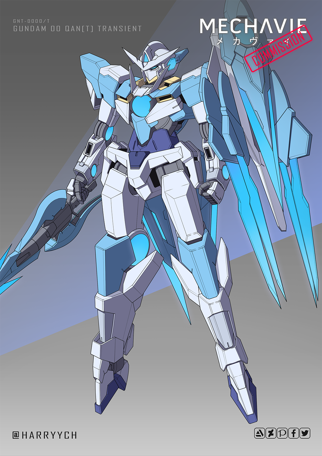 00_qan[t], blue_eyes, character_name, clenched_hand, commission, english_commentary, floating, fusion, gundam, gundam_00, gundam_00_a_wakening_of_the_trailblazer, gundam_build_fighters, gundam_build_fighters_try, harryych, highres, holding, holding_sword, holding_weapon, mecha, robot, science_fiction, solo, sword, transient_gundam, twitter_username, v-fin, weapon