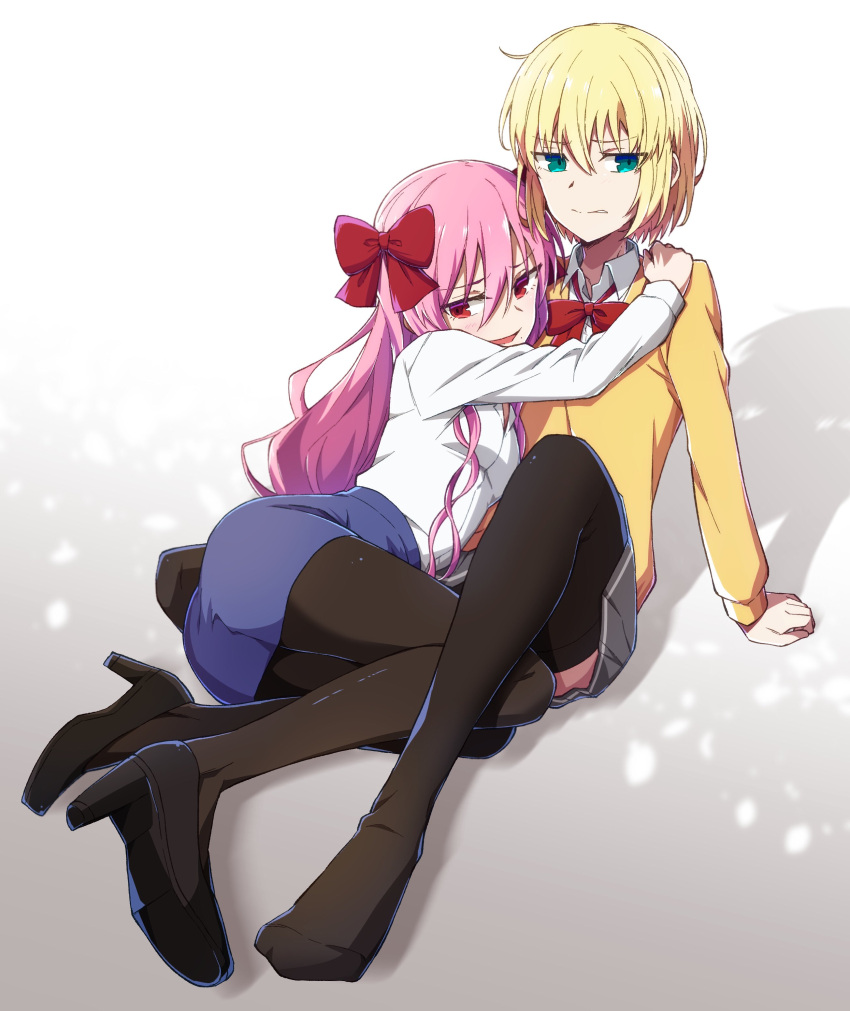 1boy, 1girl, absurdres, azami_masurao, black_footwear, black_pantyhose, black_thighhighs, blonde_hair, blue_skirt, bow, bowtie, collared_shirt, commentary_request, crossdressing, dead_apostle_noel_(tsukihime), green_eyes, grey_skirt, hair_bow, highres, long_hair, long_sleeves, loose_bowtie, mario_gallo_bestino, mole, mole_under_mouth, no_shoes, noel_(tsukihime), pantyhose, pencil_skirt, pink_hair, red_bow, red_bowtie, red_eyes, school_uniform, shirt, skirt, smile, thigh-highs, tsukihime, tsukihime_(remake), white_shirt, yellow_shirt