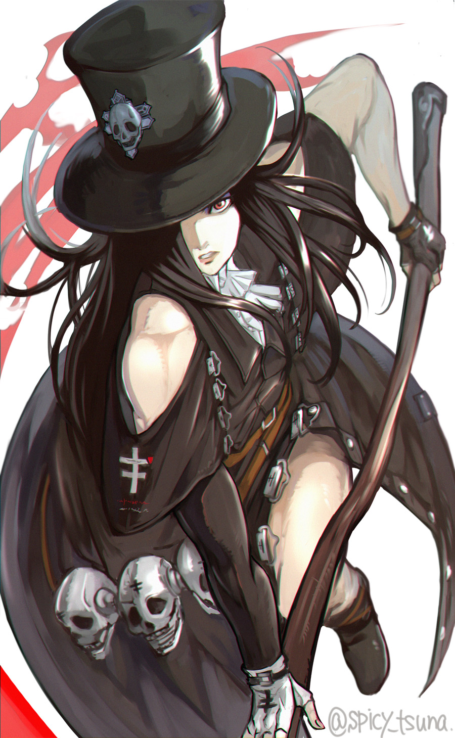 1other, androgynous, ascot, bare_shoulders, black_hair, boots, choker, fingerless_gloves