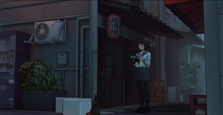 1girl, air_conditioner, alley, beer_crate, black_pantyhose, blue_sailor_collar, blue_skirt, brown_footwear