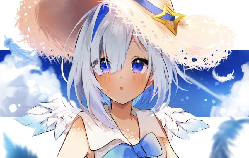 1girl, amane_kanata, angel_wings, blue_hair, blue_sky, blush, clouds, colored_inner_hair