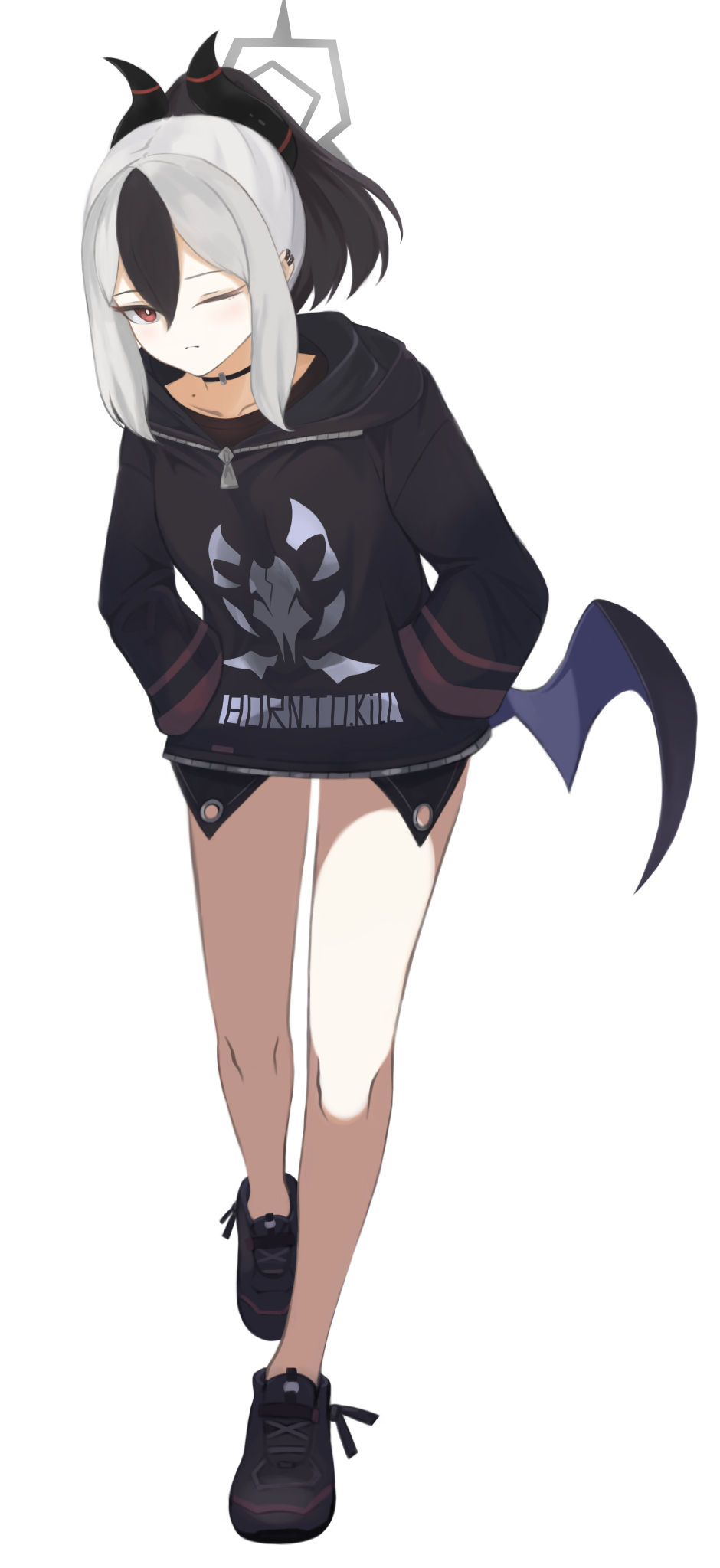 1girl, akacolor, bangs, black_footwear, black_hair, black_hoodie, blue_archive, choker, collarbone, demon_horns, demon_wings, ear_piercing, earclip, halo, highres, hood, hoodie, horns, kayoko_(blue_archive), looking_at_viewer, low_wings, medium_hair, mole, mole_on_neck, multicolored_hair, one_eye_closed, piercing, ponytail, red_eyes, simple_background, single_wing, solo, two-tone_hair, white_hair, wings