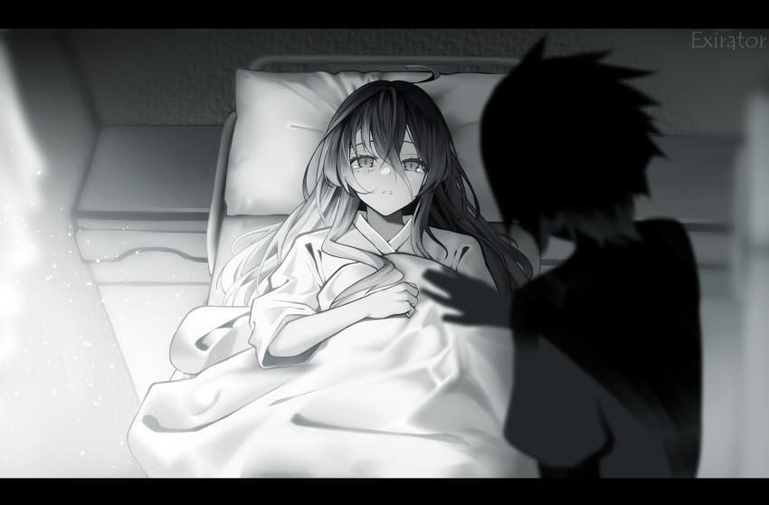 1boy, 1girl, absurdres, ahoge, artist_name, bangs, bed, blanket, exirator, hair_between_eyes, highres, long_hair, lying, on_back, on_bed, original, parted_lips, pillow, scar, scar_on_face, tears