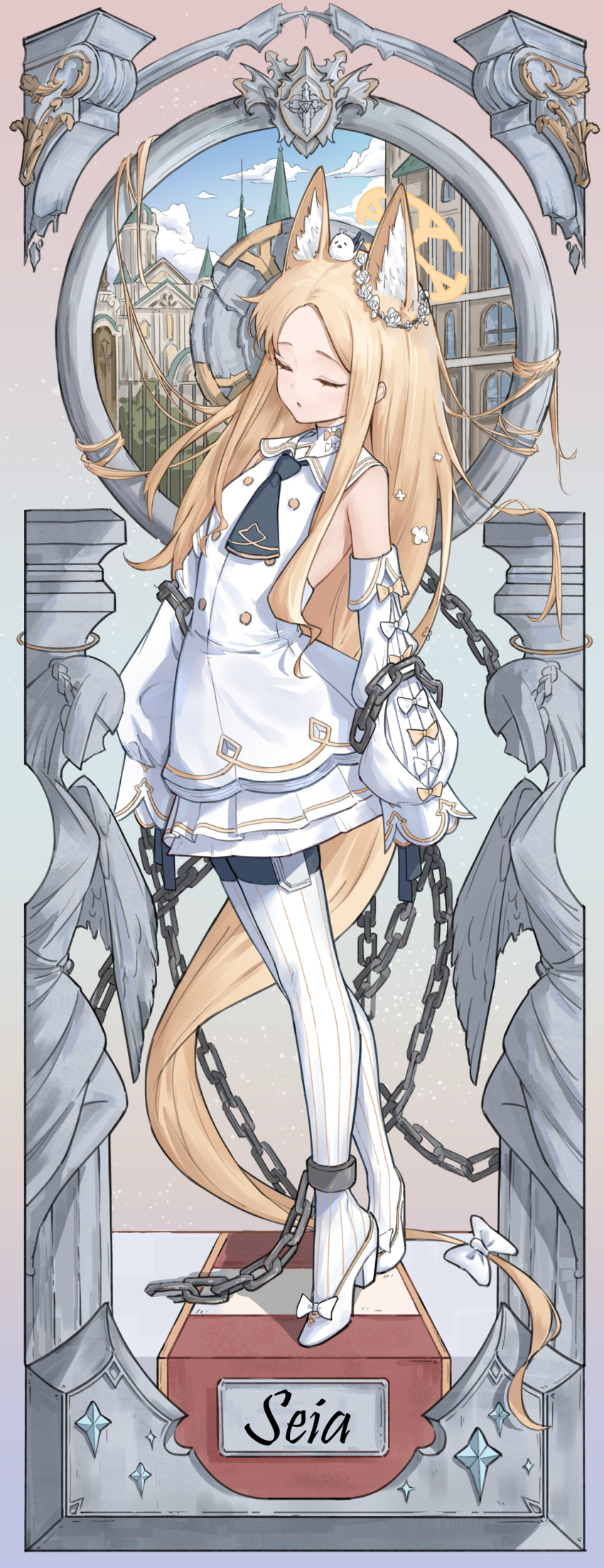 1girl, absurdly_long_hair, absurdres, animal_ears, bangs, blonde_hair, blue_archive, bound