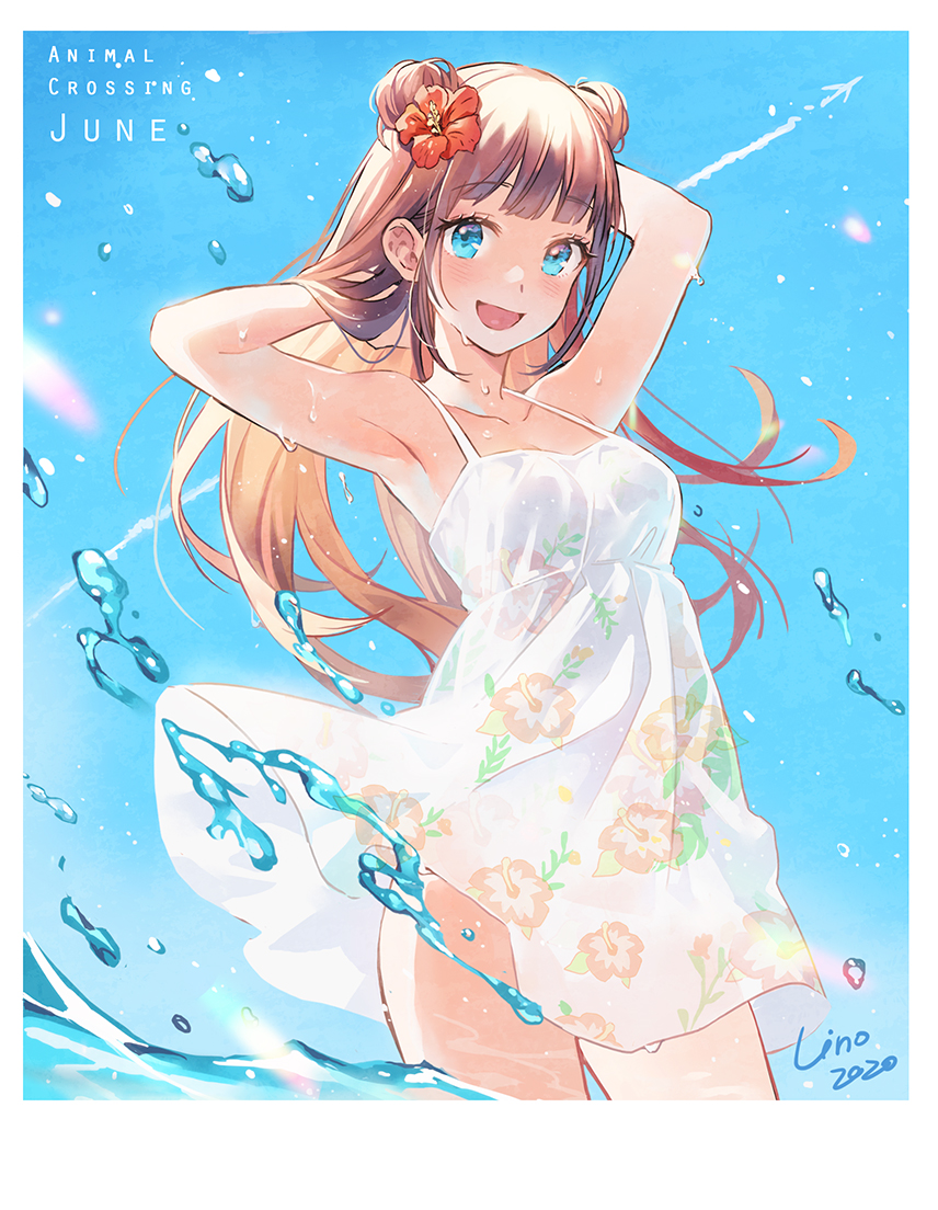 1girl, ;d, animal_crossing, aqua_eyes, bangs, bare_arms, bare_shoulders, blue_eyes, brown_hair, double_bun, dress, floral_dress, floral_print, hair_bun, june_(animal_crossing), lino_chang, long_hair, one_eye_closed, sky, smile, solo, spaghetti_strap, straight_hair, water, white_dress