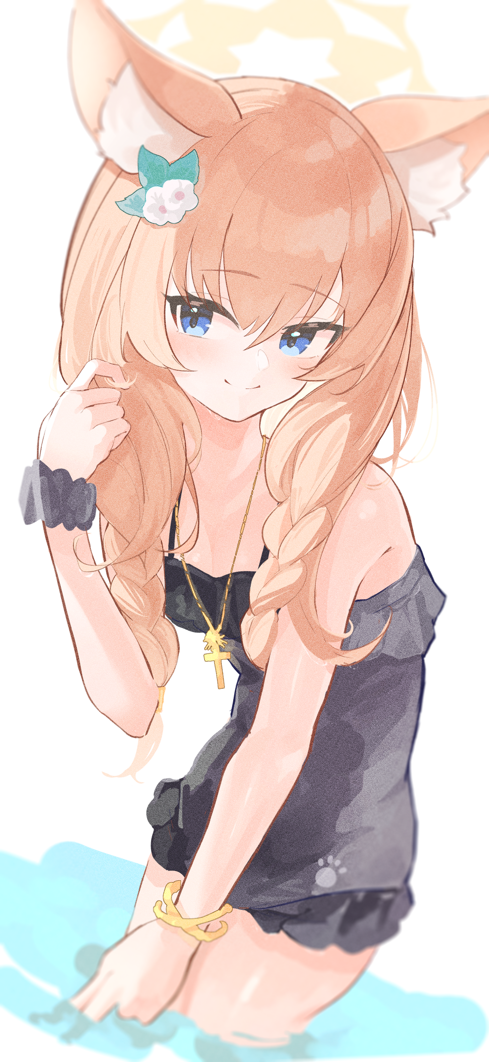 1girl, black_swimsuit, blue_archive, blue_eyes, braid, breasts, brown_hair, covered_navel