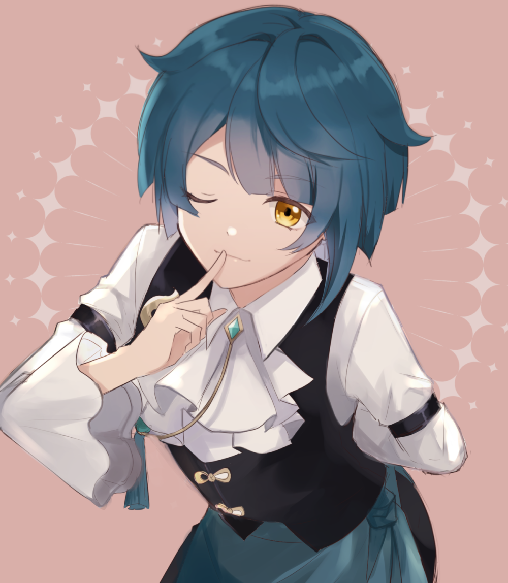 1boy, alternate_costume, apron, ari_(bleum), arm_behind_back, arm_strap, ascot, asymmetrical_hair