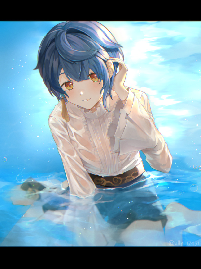 1boy, ari_(bleum), artist_name, asymmetrical_hair, bangs, barefoot, belt, blue_hair