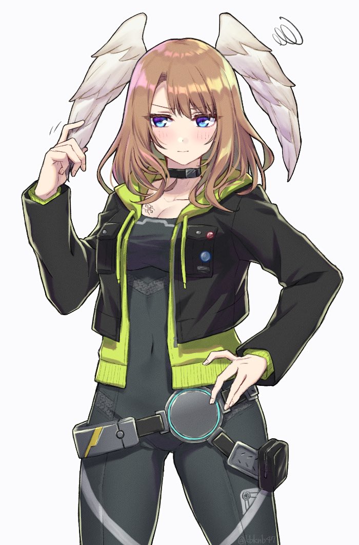 1girl, blue_eyes, bodysuit, brown_hair, chest_tattoo, collar, covered_navel, eunie_(xenoblade)