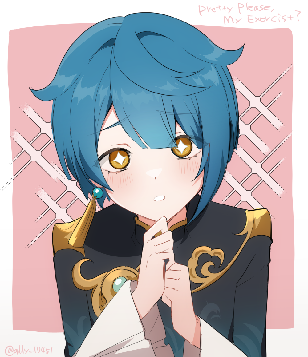 1boy, ari_(bleum), artist_name, asymmetrical_hair, bangs, blue_coat, blue_hair, blunt_bangs, blush, border, coat, commentary_request, earrings, english_text, eyelashes, frilled_sleeves, frills, genshin_impact, gold_trim, hands_up, jewelry, long_sleeves, looking_at_viewer, male_focus, outside_border, parted_lips, raised_eyebrows, shirt, short_hair, sidelocks, single_earring, solo, star-shaped_pupils, star_(symbol), symbol-shaped_pupils, tassel, tassel_earrings, twitter_username, upper_body, white_border, white_shirt, wide_sleeves, xingqiu_(genshin_impact), yellow_eyes