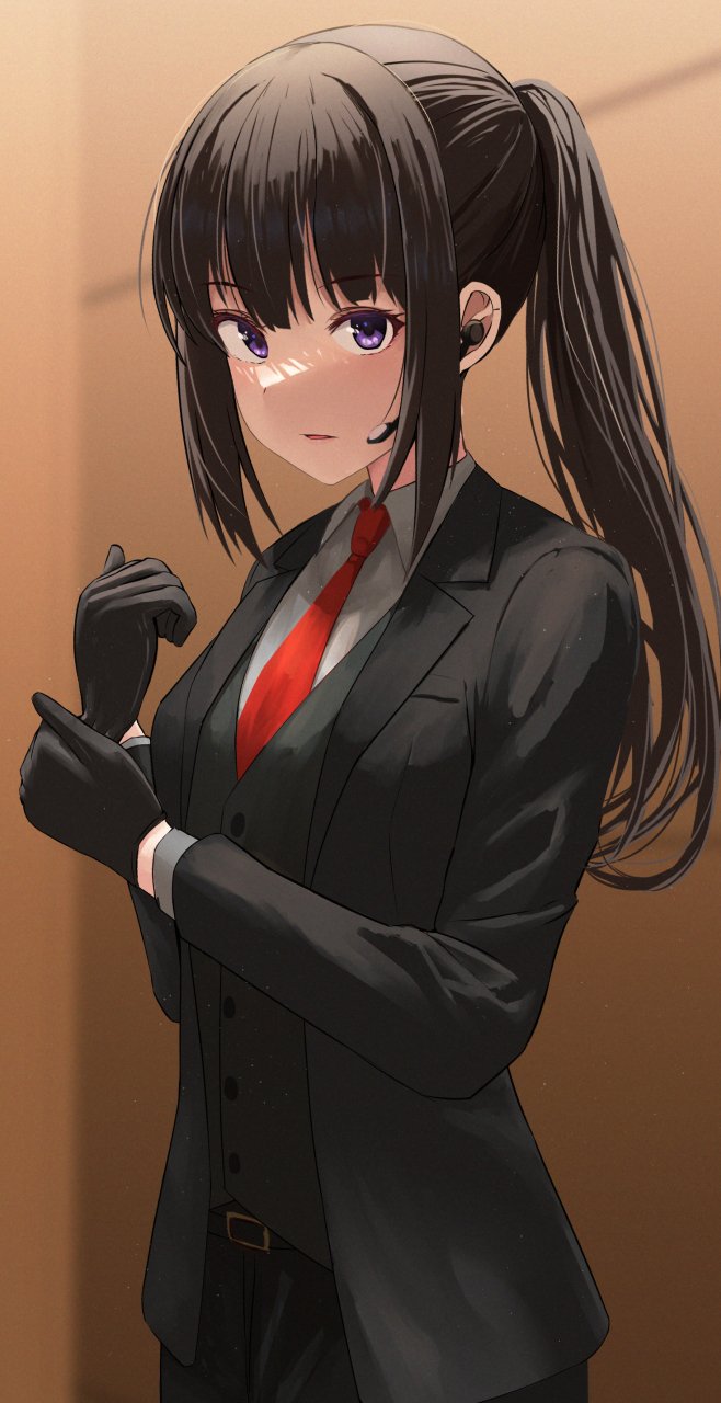 1girl, alternate_hairstyle, belt, black_gloves, black_hair, earpiece, formal, gloves
