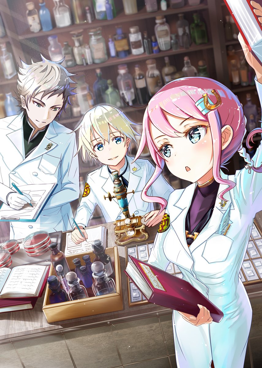 1girl, 2boys, arm_up, blonde_hair, blue_eyes, breast_pocket, brown_eyes, brown_hair