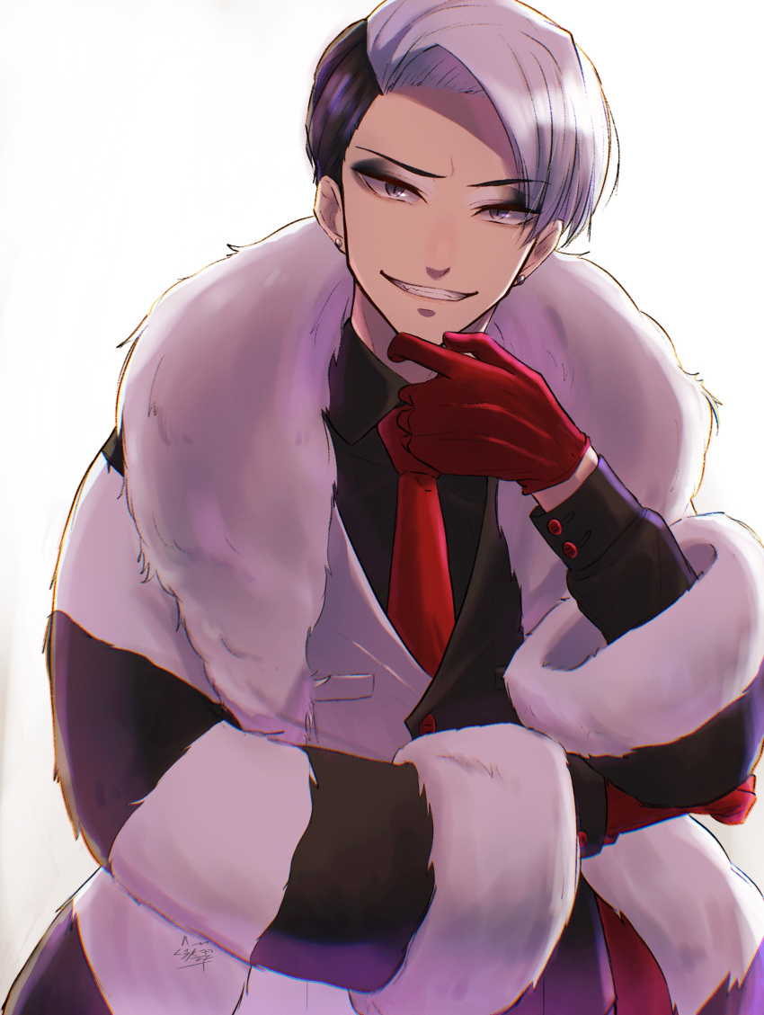 1boy, absurdres, divus_crewel, earrings, eyeshadow, fur_coat, gloves, grey_eyes, grin, hand_up, highres, hsi_sp328, jewelry, long_sleeves, looking_at_viewer, makeup, male_focus, multicolored_hair, red_gloves, short_hair, smile, solo, standing, striped_coat, stud_earrings, twisted_wonderland, two-tone_hair, two-tone_vest, white_background
