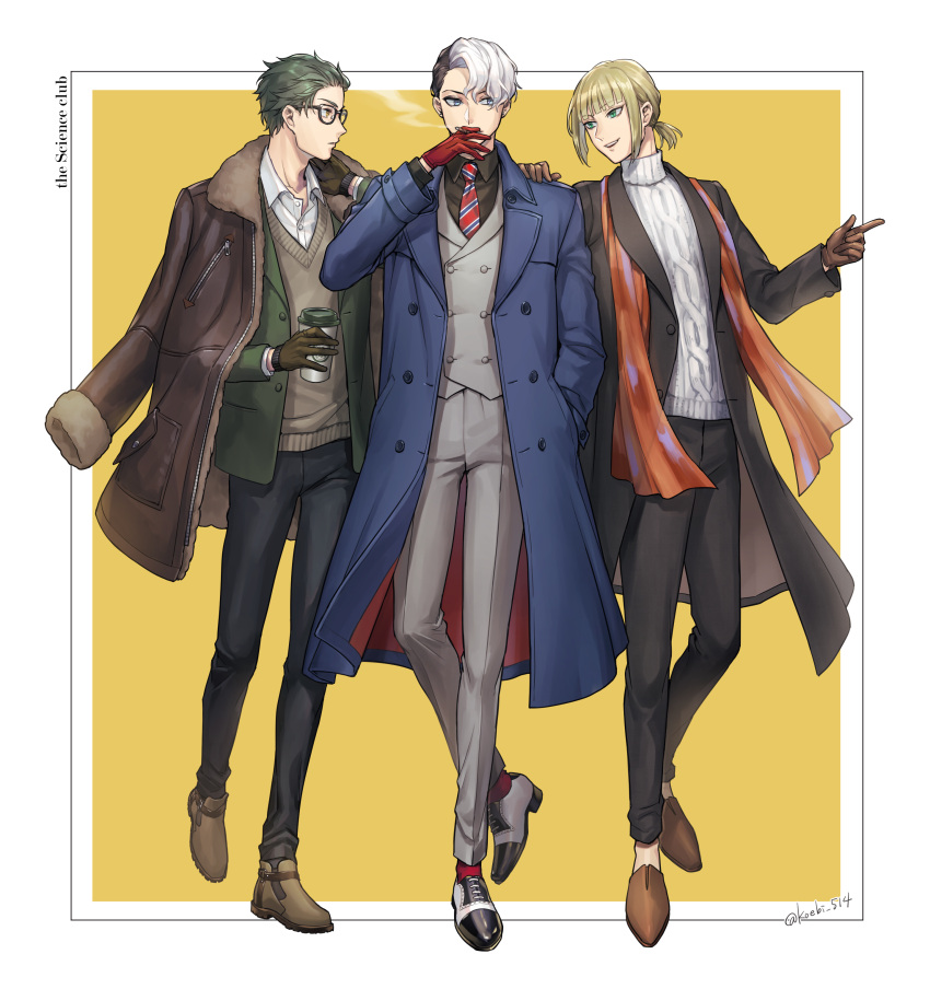 3boys, absurdres, black_coat, black_hair, black_pants, blue_coat, blue_eyes, brown_coat, brown_eyes, brown_footwear, brown_gloves, brown_sweater_vest, coat, coat_on_shoulders, cup, disposable_cup, divus_crewel, earrings, formal, glasses, gloves, green_jacket, grey_pants, grey_suit, hand_in_pocket, highres, hnkn_ida, jacket, jewelry, male_focus, multicolored_hair, multiple_boys, necktie, pants, red_gloves, ribbed_sweater, rook_hunt, shoes, short_ponytail, smoking, standing, striped_necktie, stud_earrings, suit, sweater, sweater_vest, trey_clover, turtleneck, turtleneck_sweater, twisted_wonderland, two-tone_hair, white_hair, yellow_background, zipper