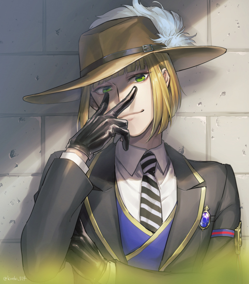 1boy, artist_name, bangs, black_gloves, black_suit, blonde_hair, blue_gemstone, brown_headwear