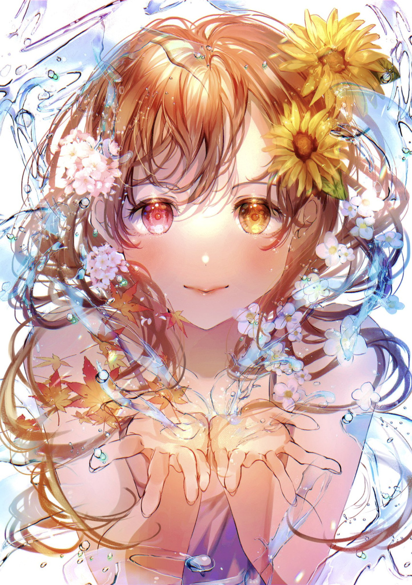 1girl, :>, asymmetrical_bangs, autumn_leaves, bangs, bare_shoulders, brown_hair, camisole