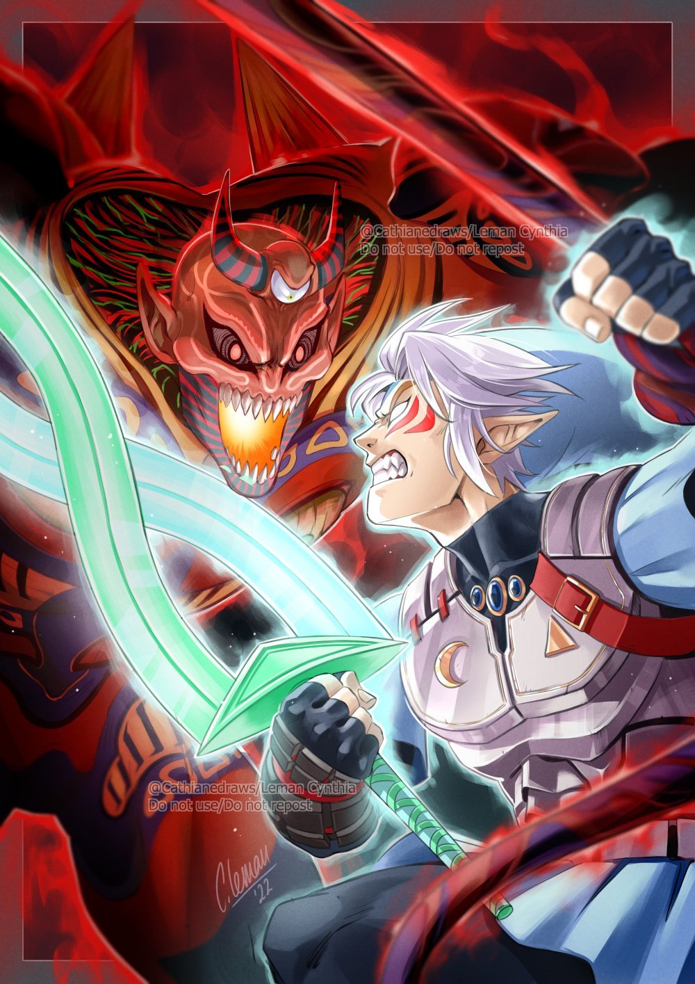 1boy, 1other, armor, cathianemelian, facial_mark, fierce_deity, fingerless_gloves, gloves, highres, majora's_wrath, majora_(entity), pointy_ears, sharp_teeth, sidelocks, sword, teeth, the_legend_of_zelda, the_legend_of_zelda:_majora's_mask, tunic, weapon, white_eyes, white_hair