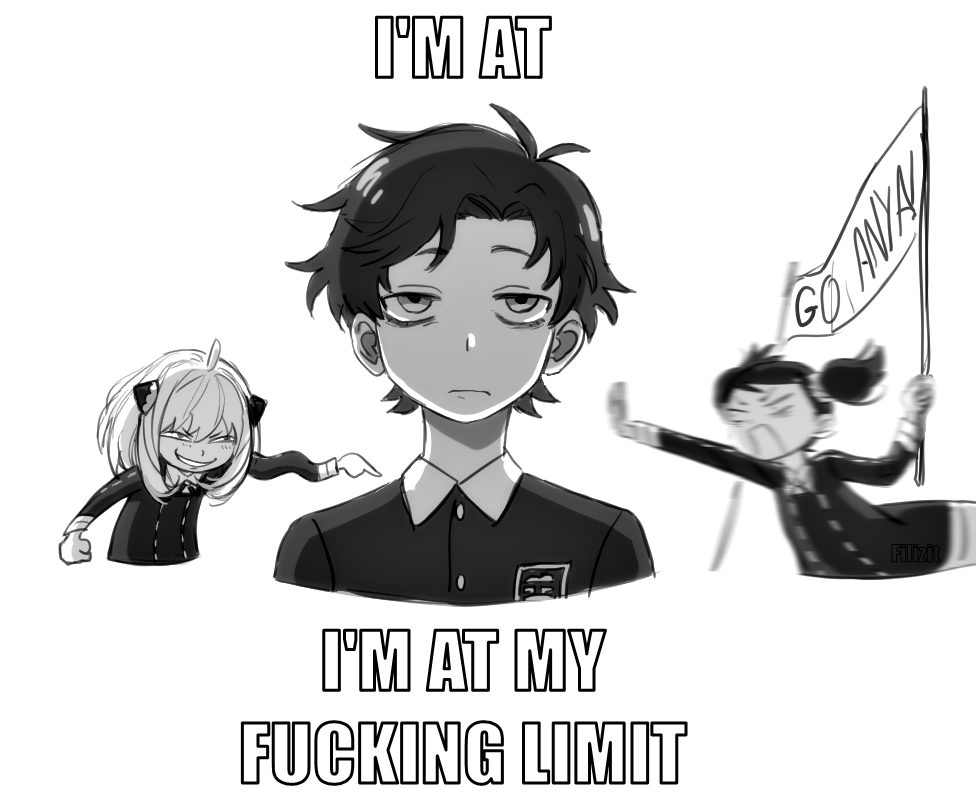1boy, 2girls, ahoge, anya_(spy_x_family), ariadusts, arm_up, bangs, becky_blackbell