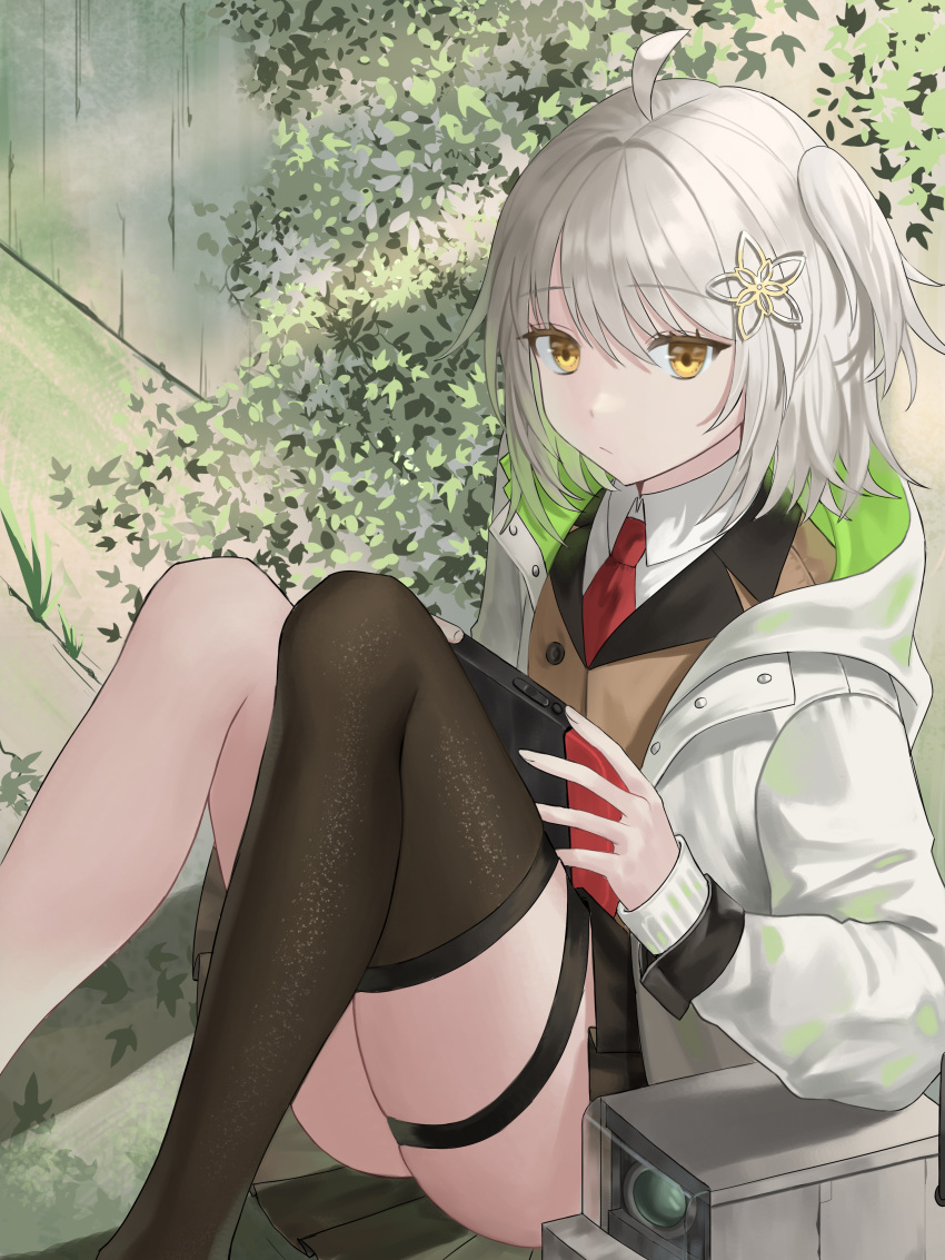 1girl, absurdres, ahoge, arknights, bangs, brown_eyes, collared_shirt, dalmo_(pafe2444)