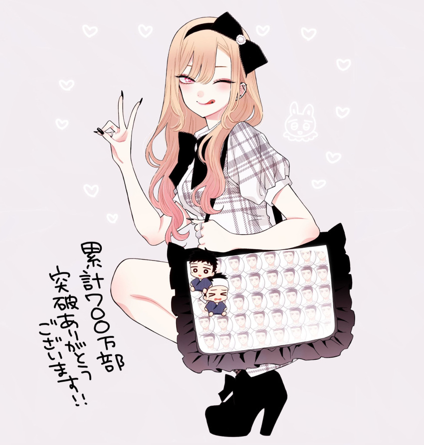 1girl, bag, bare_legs, black_footwear, blonde_hair, blush, chibi, dress