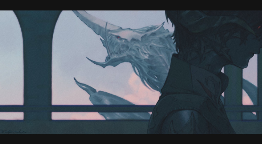 1boy, au_ra, blue_sky, caloserrr, clouds, commentary, day, dragon