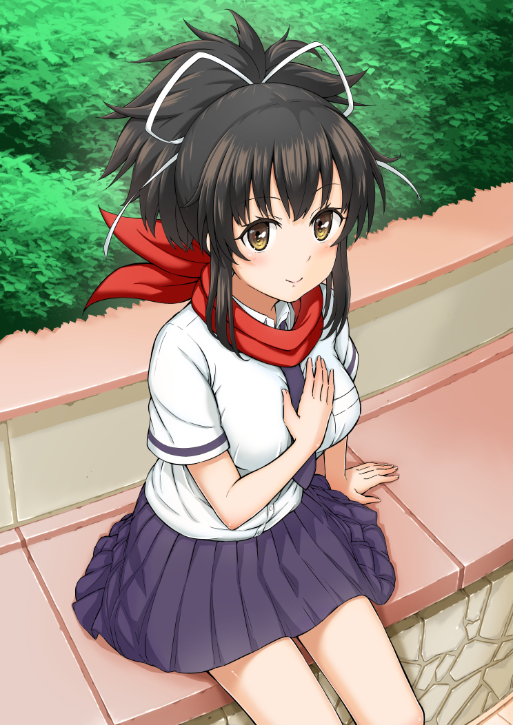 1girl, asuka_(senran_kagura), black_hair, hair_ribbon, hand_over_heart, legs, looking_at_viewer, necktie, outdoors, red_scarf, ribbon, scarf, senran_kagura, shakunetsujigoku, shirt, sitting, smile, solo, white_shirt, yellow_eyes