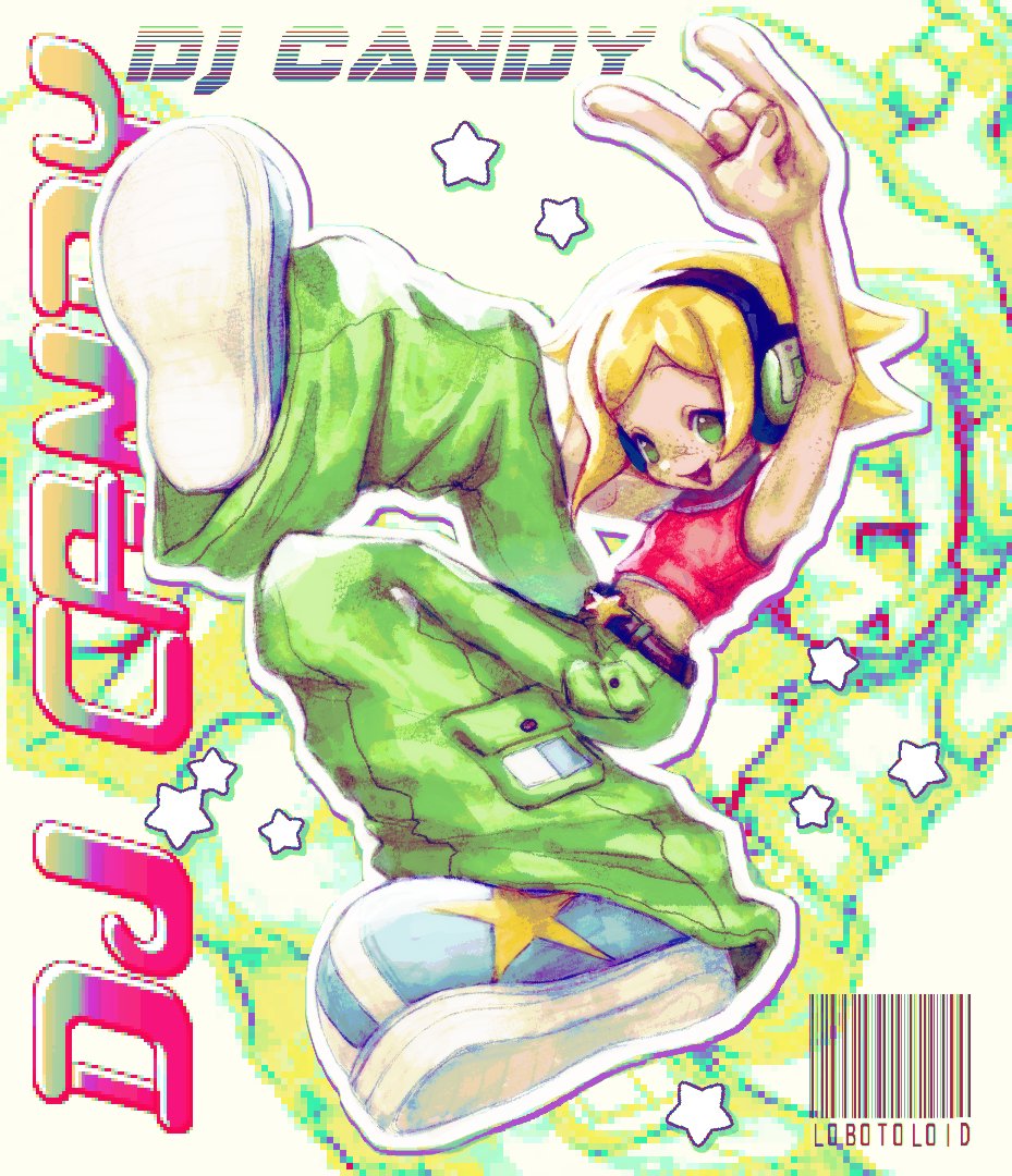 bandaid, bandaid_on_face, bandaid_on_nose, barcode, blue_footwear, character_name, crop_top, dj_candy, green_eyes, green_pants, headphones, lobotoloid, mysims, pants, pixelated, puffy_pants, red_shirt, shirt, star_(symbol), star_print