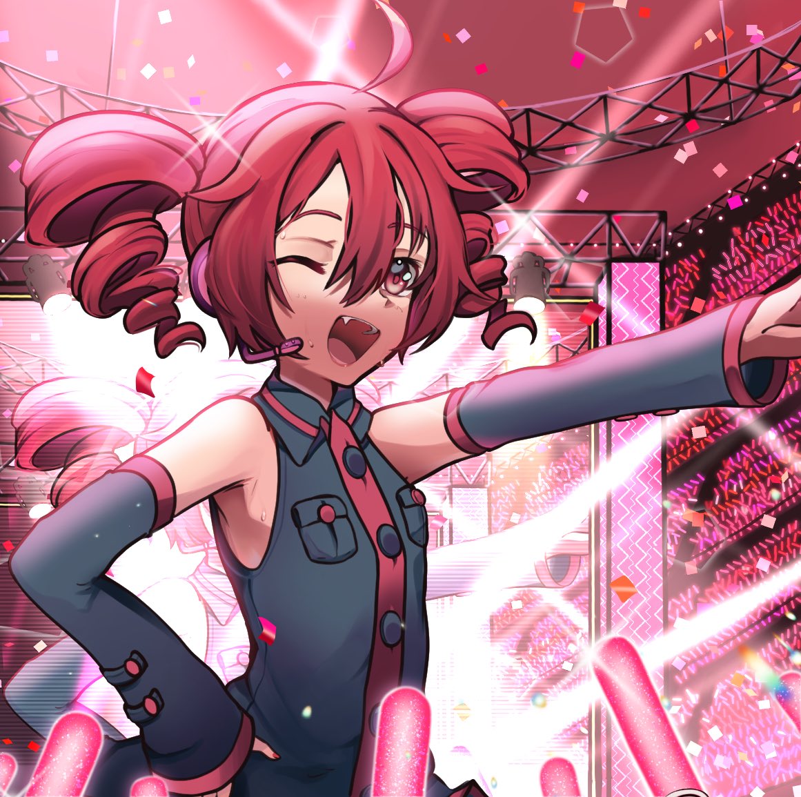 1girl, :d, ahoge, bangs, collared_shirt, concert, confetti, crowd