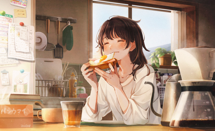 1girl, bacon, bangs, black_hair, blunt_bangs, breakfast, cheeeeezi, closed_eyes