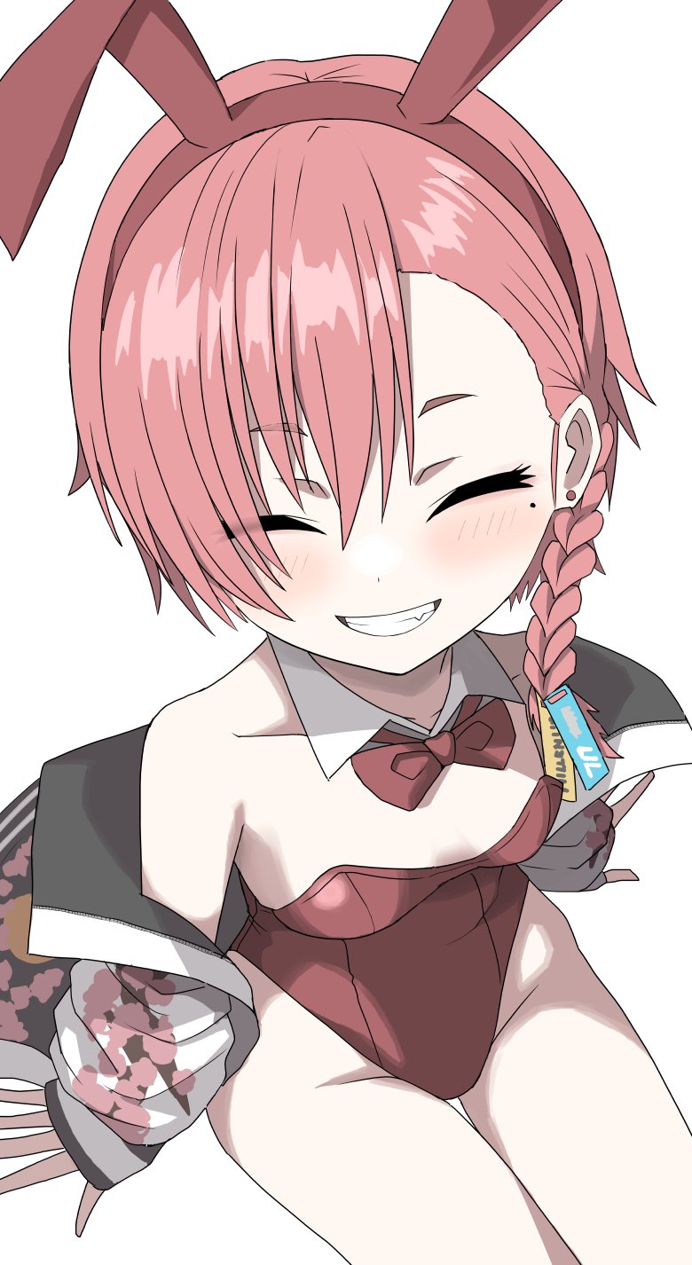 1girl, animal_ears, blue_archive, blush, bow, bowtie, braid, breasts, closed_eyes, collarbone, detached_collar, earrings, fake_animal_ears, fang, groin, hair_ornament, halulu, highres, jacket, jewelry, leotard, mole, mole_under_eye, neru_(blue_archive), neru_(bunny)_(blue_archive), off_shoulder, playboy_bunny, rabbit_ears, redhead, short_hair, side_braid, simple_background, sitting, small_breasts, smile, solo, sukajan, white_background