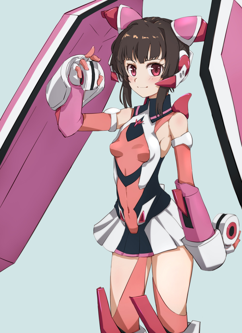 1girl, bangs, black_hair, blunt_bangs, breasts, covered_navel, elbow_gloves, gloves, headgear, highres, leotard, long_hair, looking_at_viewer, miniskirt, pink_eyes, pink_leotard, pink_thighhighs, senki_zesshou_symphogear, shiny, shiny_hair, simple_background, skin_tight, skirt, small_breasts, solo, standing, suzunarisakuya, thigh-highs, tsukuyomi_shirabe, twintails, yo-yo