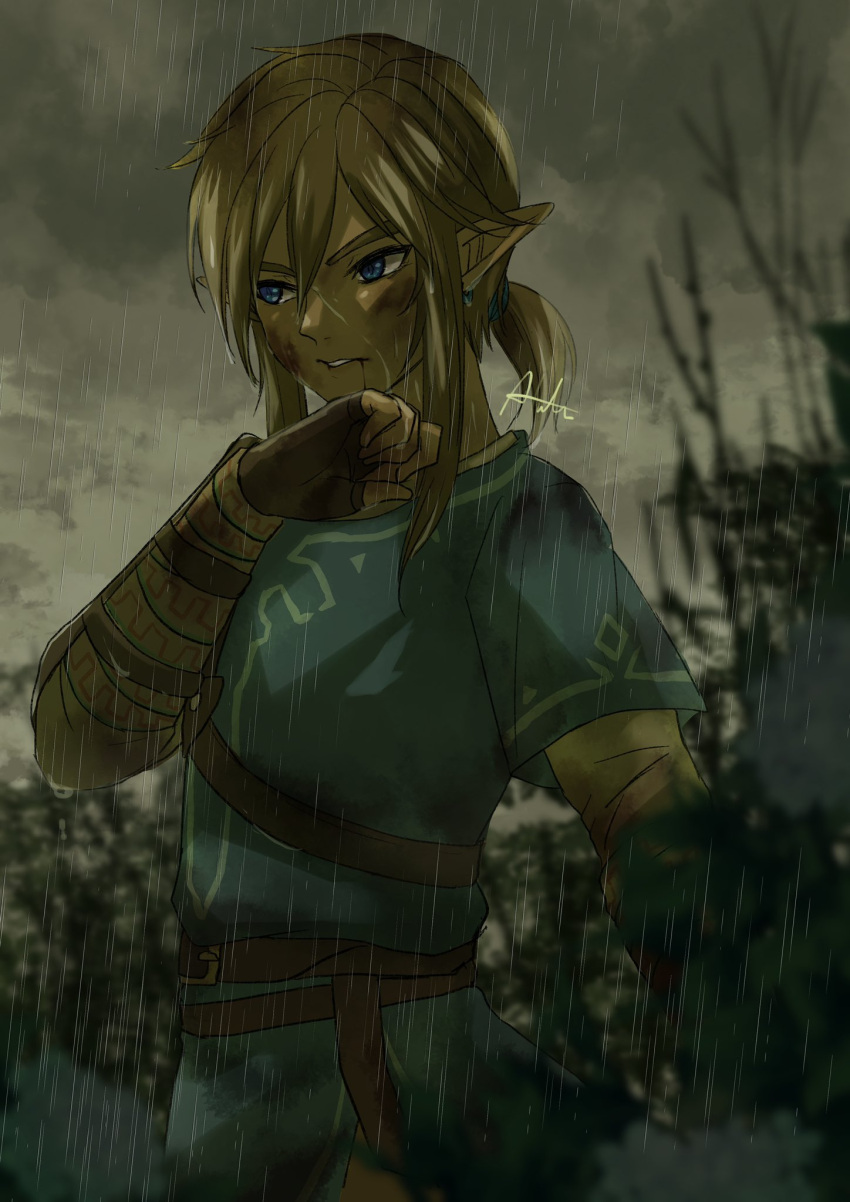 1boy, bleeding, blonde_hair, blood, blood_from_mouth, blood_on_face, blue_eyes, blurry