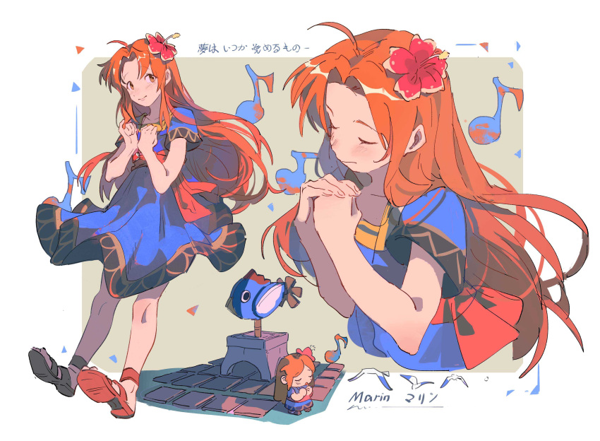 1girl, absurdres, bangs, blue_dress, breasts, character_name, closed_eyes, dress