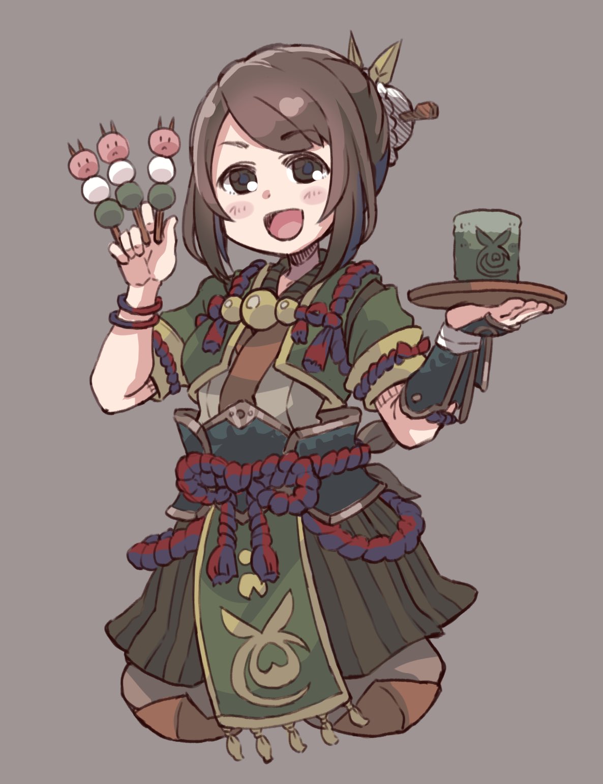 1girl, bangs, blush, brown_eyes, brown_hair, bun_cover, cropped_legs, cup