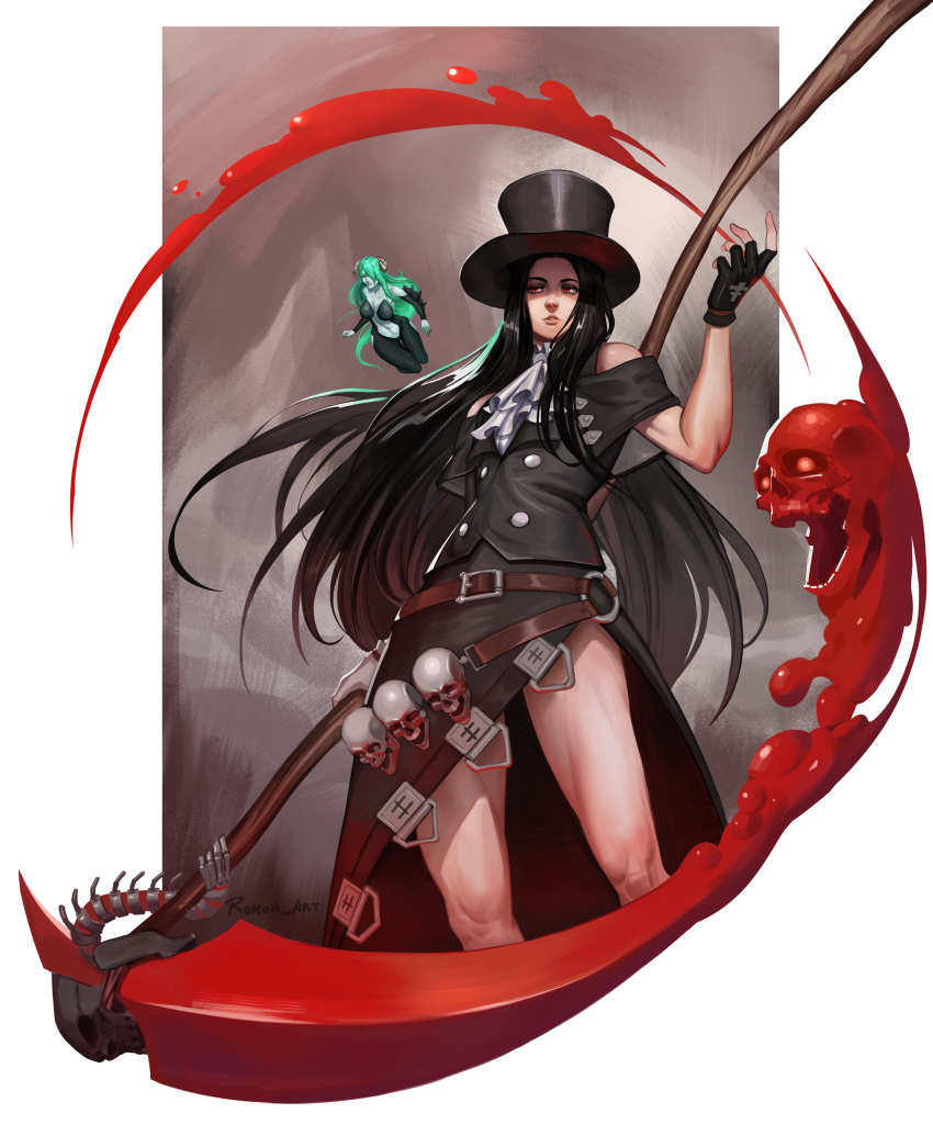 1girl, 1other, absurdres, ascot, belt, blood, fingerless_gloves, gloves