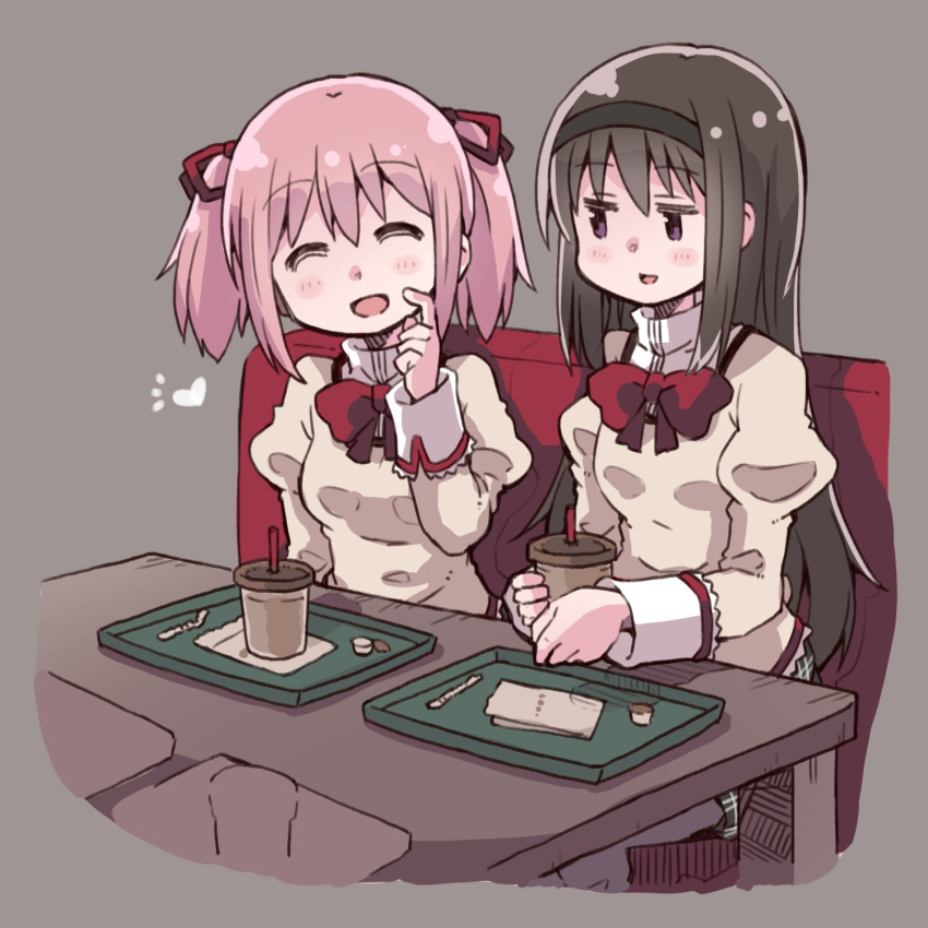2girls, akemi_homura, bangs, black_hair, black_hairband, blush, booth_seating, bow