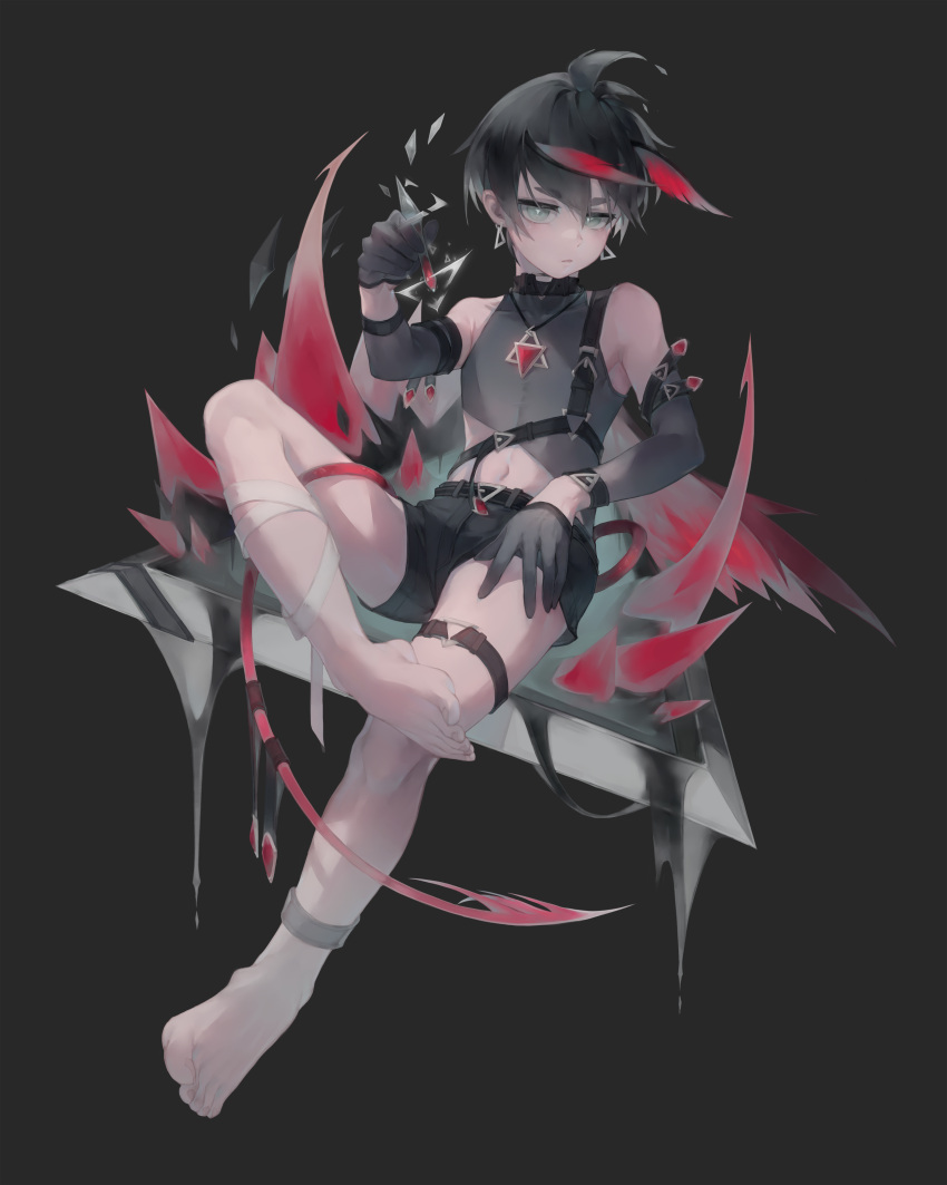 1boy, absurdres, ahoge, anklet, antennae, bandages, barefoot, black_hair