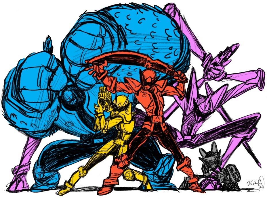 1girl, 2022, 4boys, animal_ears, armor, avataro_sentai_donbrothers, belt, clenched_hand