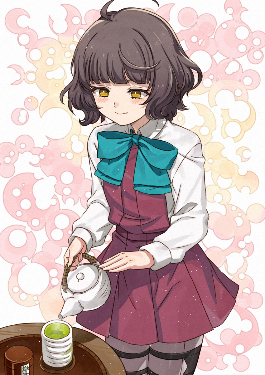 1girl, absurdres, aqua_bow, aqua_bowtie, bangs, blunt_bangs, blush, bow
